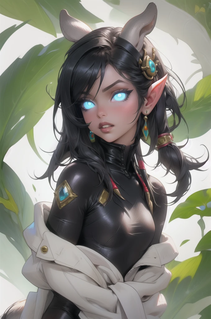 masterpiece, best quality, 1girl, solo, draenei, glowing eyes, colored sclera, tail ornament, hooves, white skin, blue eyes, black hair, shiny silver pouty lips, leotard, (tentacle hair:0.8), close-up, upper body, hair ornament