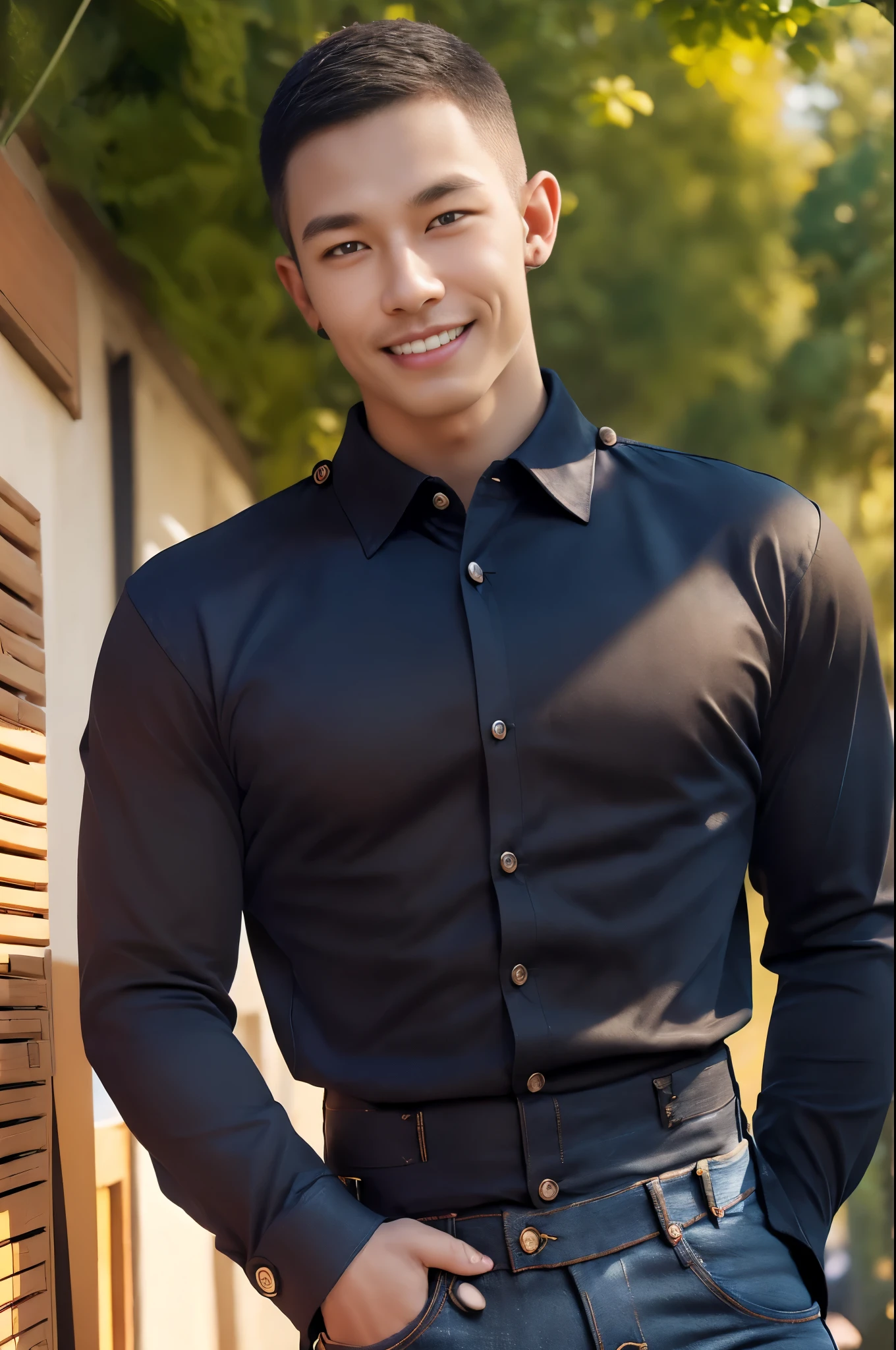 afmface ,Handsome young man smiles, showing teeth, selling merchandise, (have a mustache:1) ,(buzz cut:1), (short hair:1.2), The forearms are muscular., (Wear a black, tight-fitting collared shirt with buttons.:1.6), (Jeans:1.5), Big muscles, Handsome and muscular, full body angle, (outdoor market:1.3), natural light