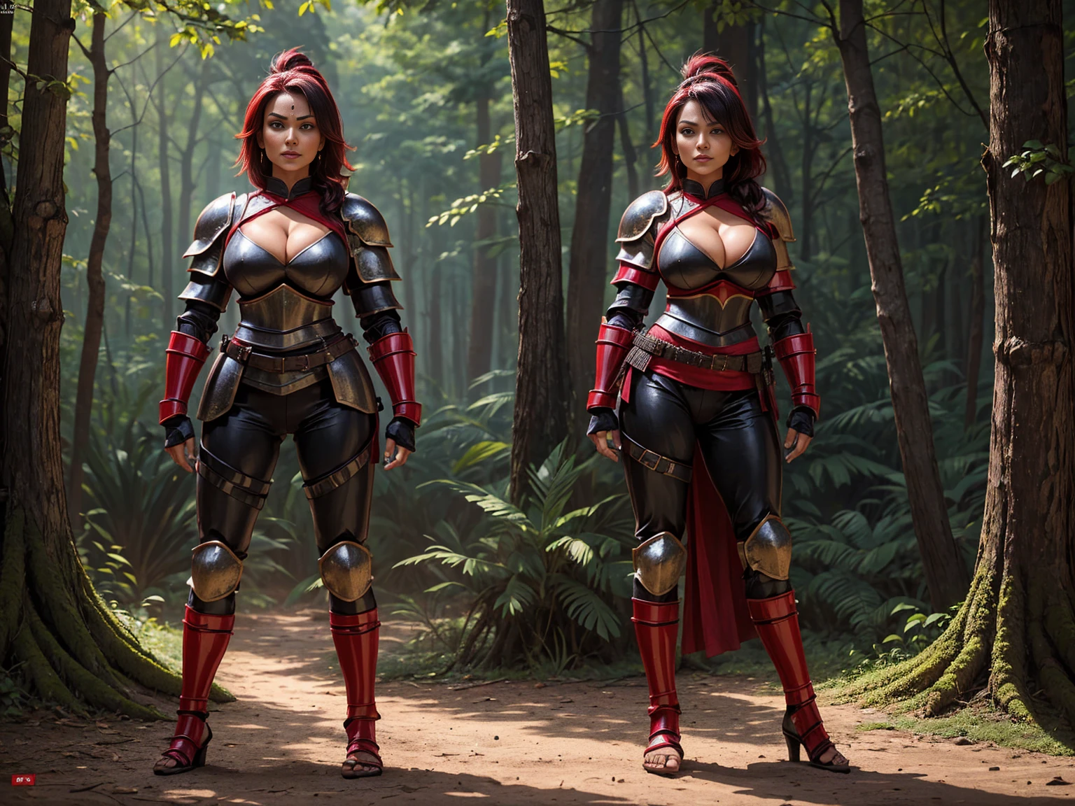 ((Kunoichi)), Indian, Indian Woman, 45 year old, big breasts, forest, (( sensual pose)), red and black armour, (( full body armour)),(( Knight Armour)), ((big cleavage and big breasts)), ((single person))