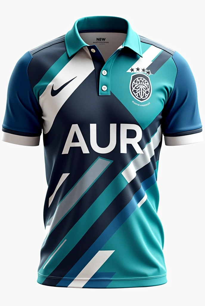 "Design a collared, 3-button neckline. The center front should feature the word 'AUR'. On the back, center the player's name above their role. The theme color is blue, teal, gray, little bit of black, and white. The design should incorporate a Little bit of slash geometric shapes like spirals, wind-like slashes, and a lot of "snowflakes pattern at the front".