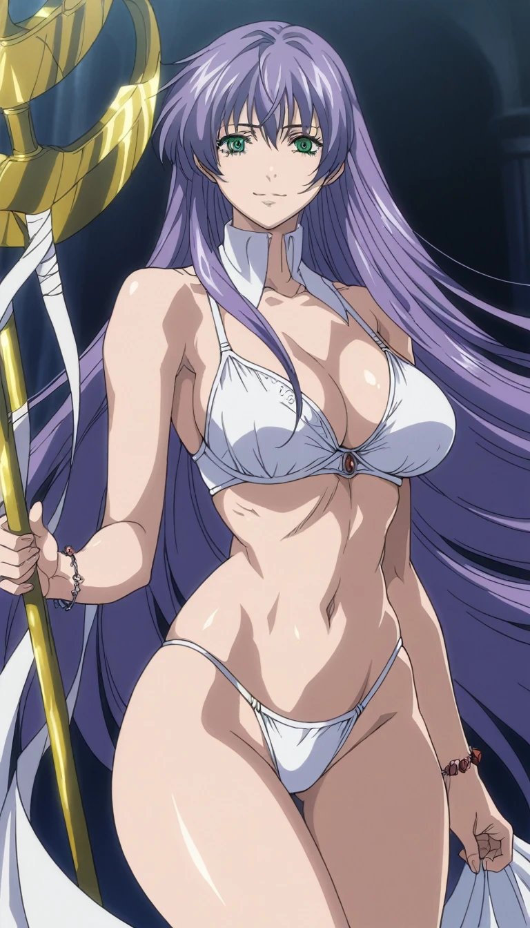 Score_9, score_8_up, score_7_up, score_6_up, source_anime, 1girl, beautiful woman, standing, white skin, detailed face, slut, seductive smile, front view, looking at viewer, horny, 1 girl, sasha, green eyes, purple hair, long hair, large breasts, white bra, white thong, petal bracelet, staff, holding staff, high quality, wallpaper