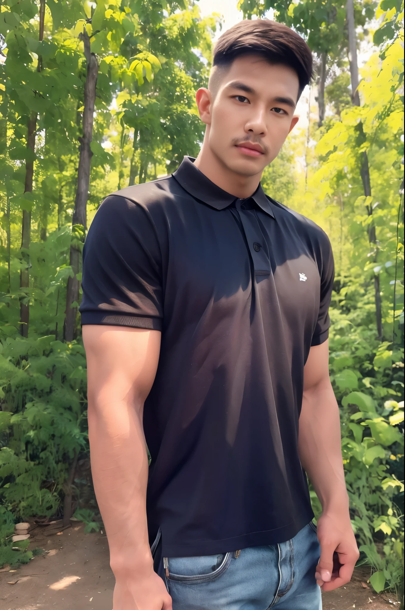 Handsome young man, (have a mustache:1) ,(buzz cut:1.1), (short hair:1.2), The forearms are muscular., (polo shirt:1.5), (black shirt:1.5), Jeans, Big muscles, Handsome and muscular, full body angle, (outdoor market:1.3), natural light