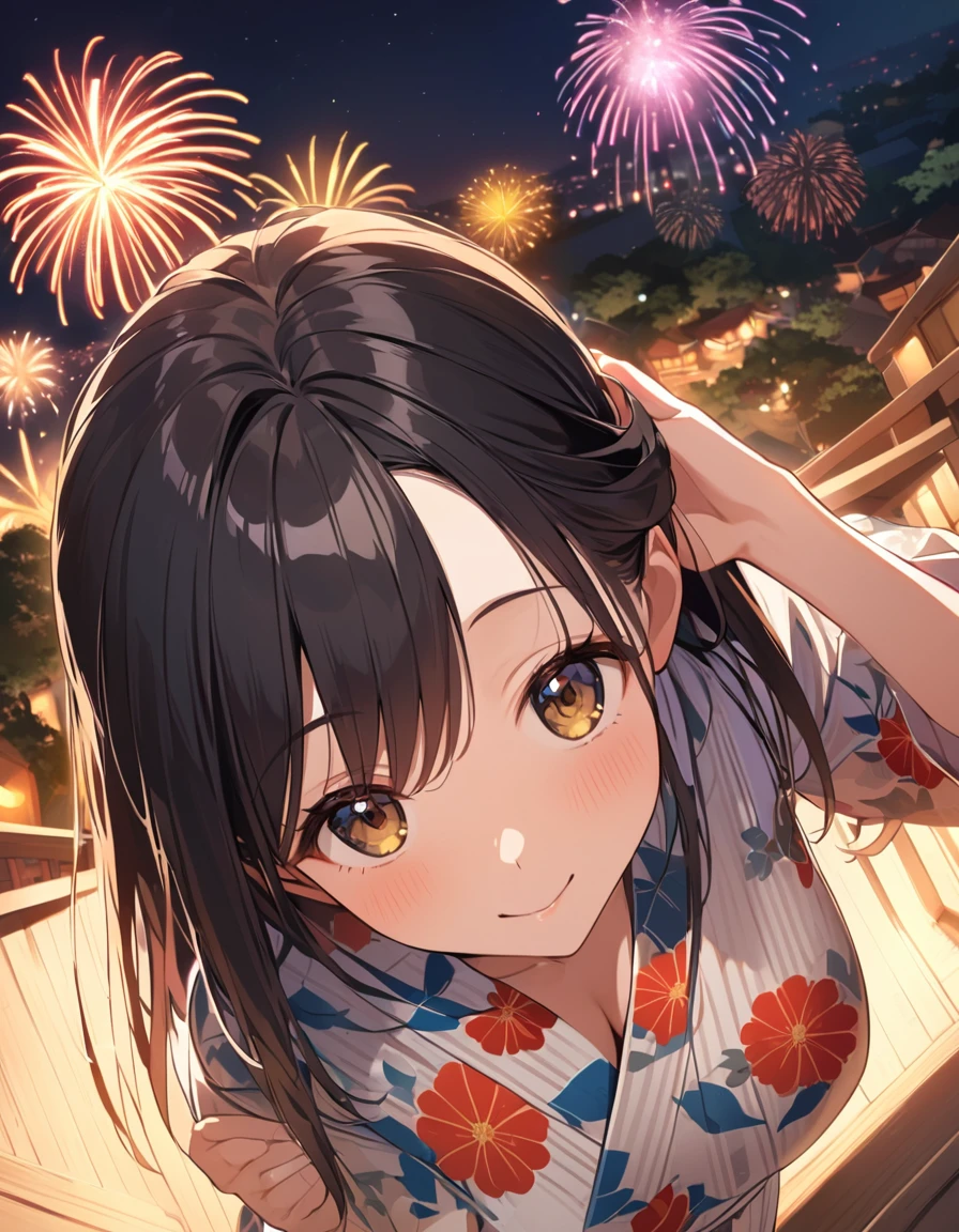 Girl,cute,cute,From above,Chest to head,Look up here,smile,Straight Hair,Long Hair,Black Hair,big breast photos,looking at the camera,yukata,walk,firework,night