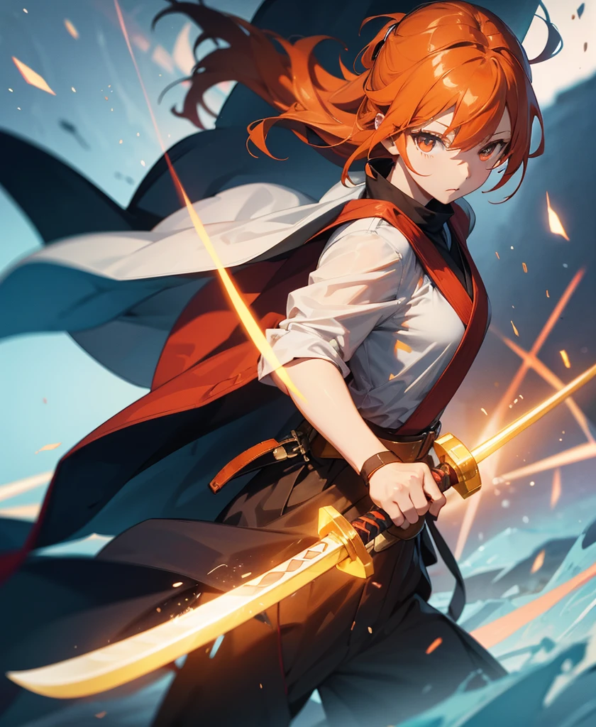 asunayuuki, Orange Hair， With two shining swords, White combat uniform, Sword Art Onlineの翻案, A red stroke simulating the character&#39;s speed, BATTLE MODE, (Surreal), {Highly detailed CG unit wallpaper 8k}, Vast landscape photography, (A central vision that prioritizes the whole character, (Viewer-facing view), (Low angle shot), (stand out: 1.5), (Low light: 1.0), (Warm light source: 1.0), Intricate details, (Iridescent colors: 1.5), (Bright lighting), (Atmospheric lighting), Sword Art Online, dream-like, anime