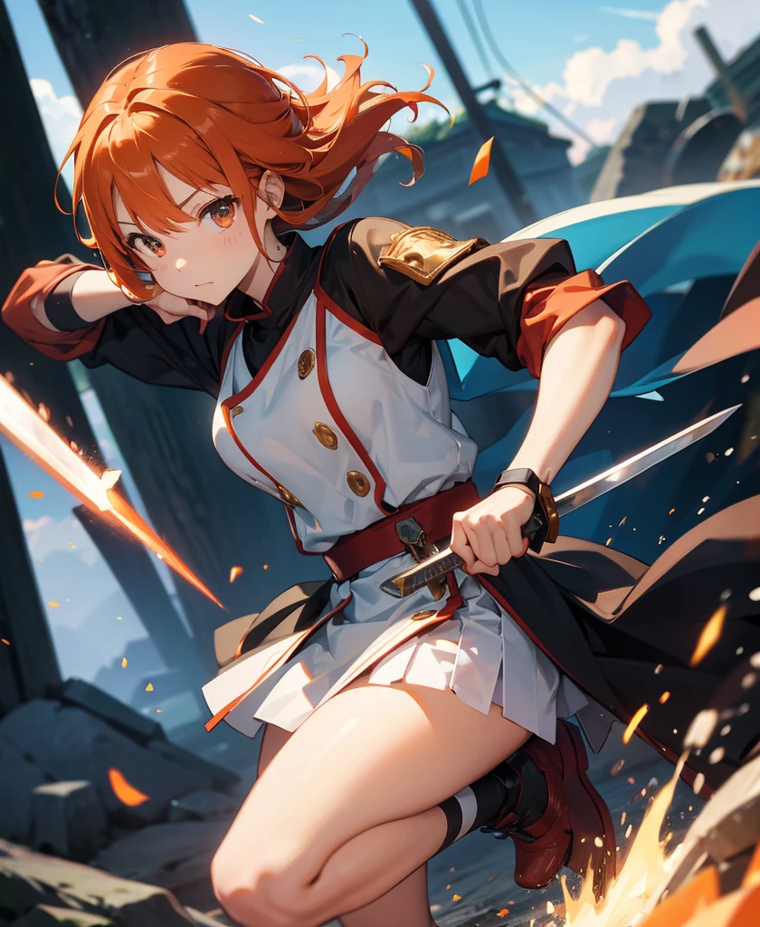 asunayuuki, Orange Hair， With two shining swords, White combat uniform, Sword Art Onlineの翻案, A red stroke simulating the character&#39;s speed, BATTLE MODE, (Surreal), {Highly detailed CG unit wallpaper 8k}, Vast landscape photography, (A central vision that prioritizes the whole character, (Viewer-facing view), (Low angle shot), (stand out: 1.5), (Low light: 1.0), (Warm light source: 1.0), Intricate details, (Iridescent colors: 1.5), (Bright lighting), (Atmospheric lighting), Sword Art Online, dream-like, anime