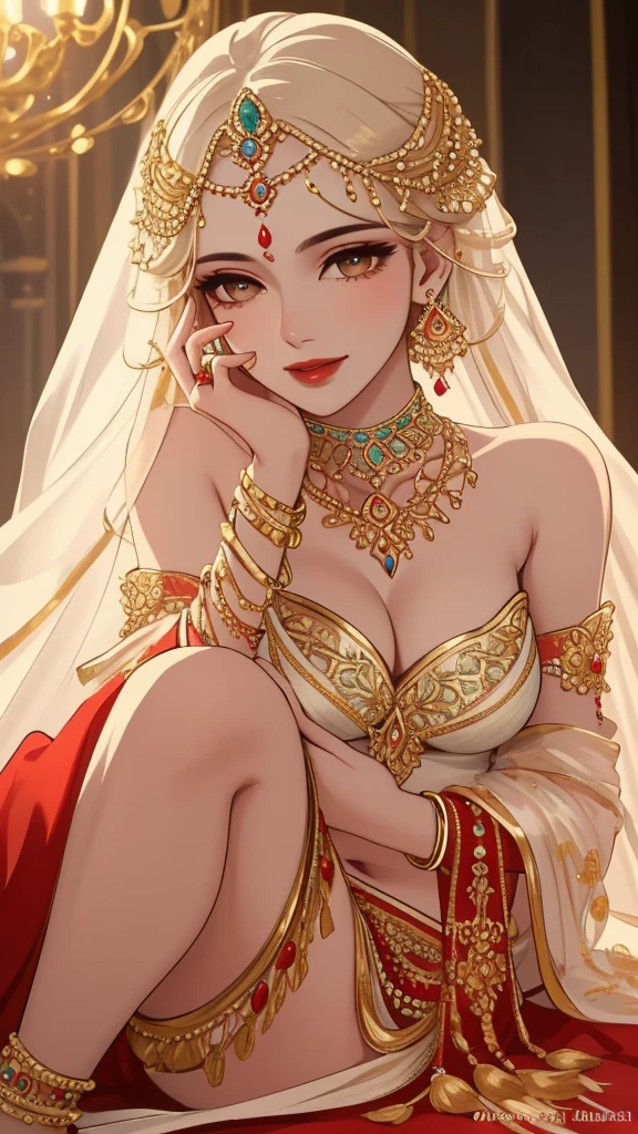 (1 woman, detailed alluring eyes, beautiful detailed lips, mature, single hair braid, white bridal saree, big long jhumka earrings, beautiful face, smiling, red lipstick, navel, bangles, saggy breasts, photorealistic, 8k, hyperdetailed, vibrant colors, studio lighting, masterpiece, cinematic composition, dramatic lighting, intricate details, highly realistic skin textures, volumetric lighting, beautiful intricate jewelry, warm color palette, natural lighting, elegant pose, beautiful detailed expression, hyper realistic rendering, seamless blending, flawless skin, glowing skin, delicate features, breathtaking realism, striking composition, tall, necklace, full body view),flower in her head, piercing, mehendi, jewellery ,hair brochure,waist jewellery,chain jewellery,anklets, multiple accessories,legs chain
