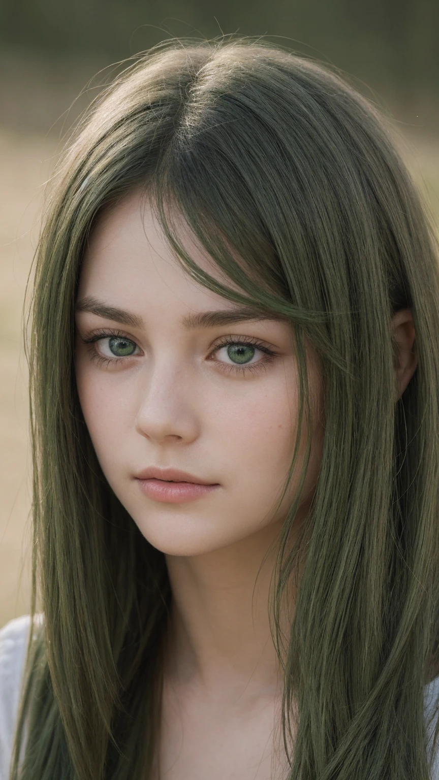 facial portrait. a girl. Europe. Extremely detailed face. Oval face. delicate facial features. sexy face. green eyes. half-closed eyes. long straight hairstyle. messy hair. green hair. sad expression