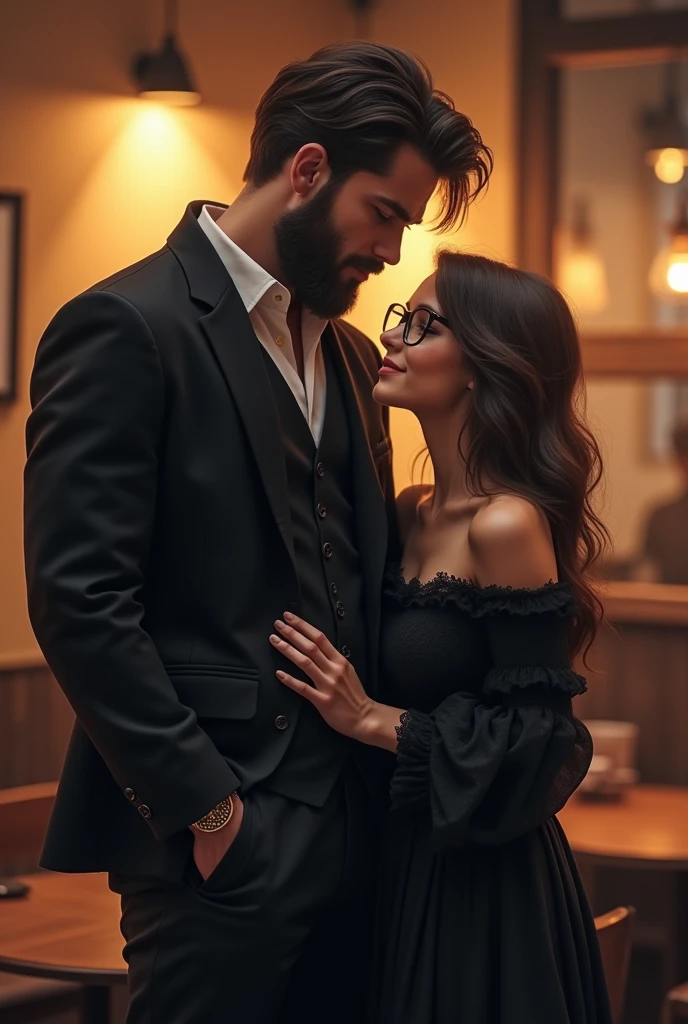 Image of a cute couple in which boy is 6ft taller and masculine and girl is cute and 5.4ft tall wearing specteles and both wearing black standing close to each other with boy hand on girl waist and boy have little beard and background of a cafe 