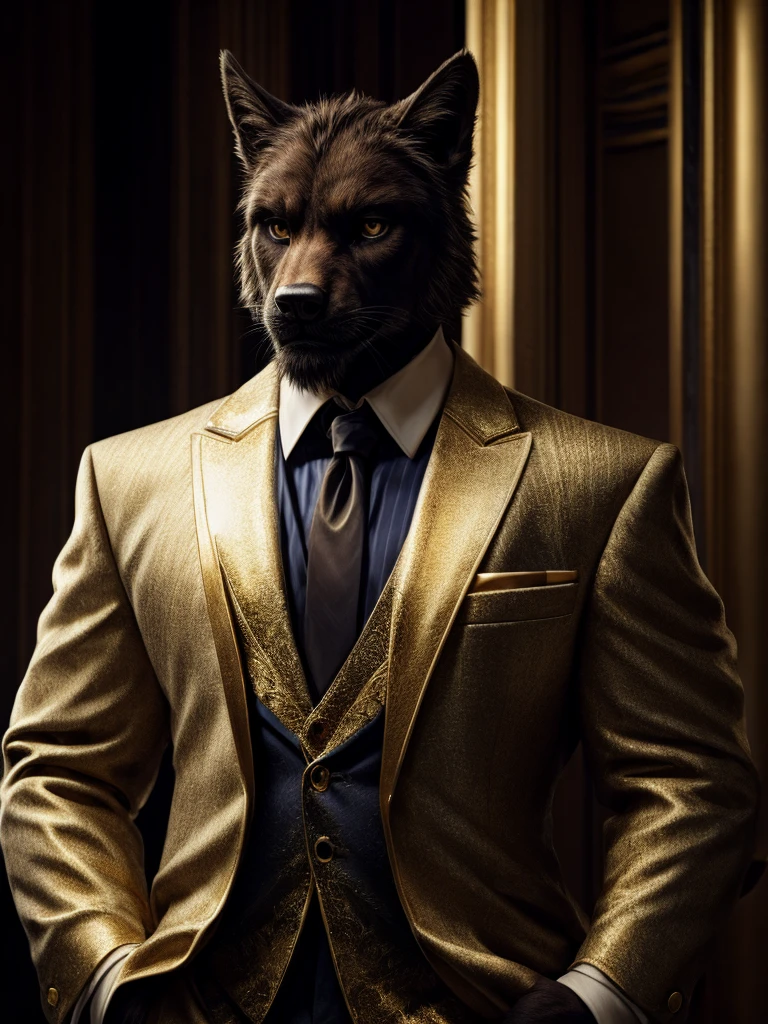 realistic male character, dark, suit, white and gold colors