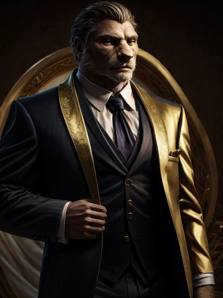 realistic male character, dark, suit, white and gold colors