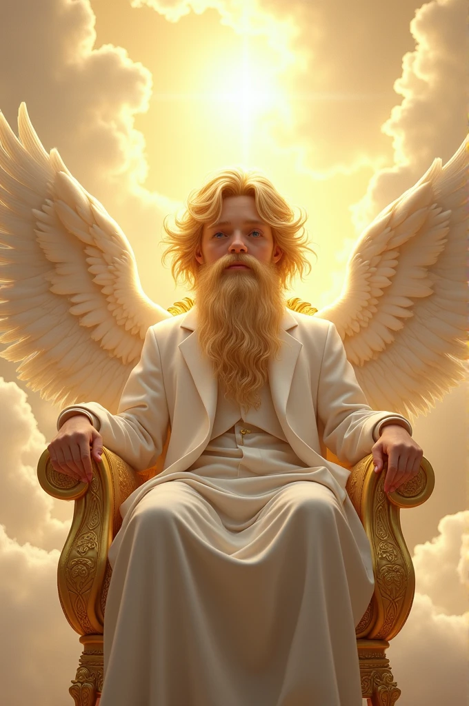 A boy in white suit with long golden beard in heaven sitting in gold chair