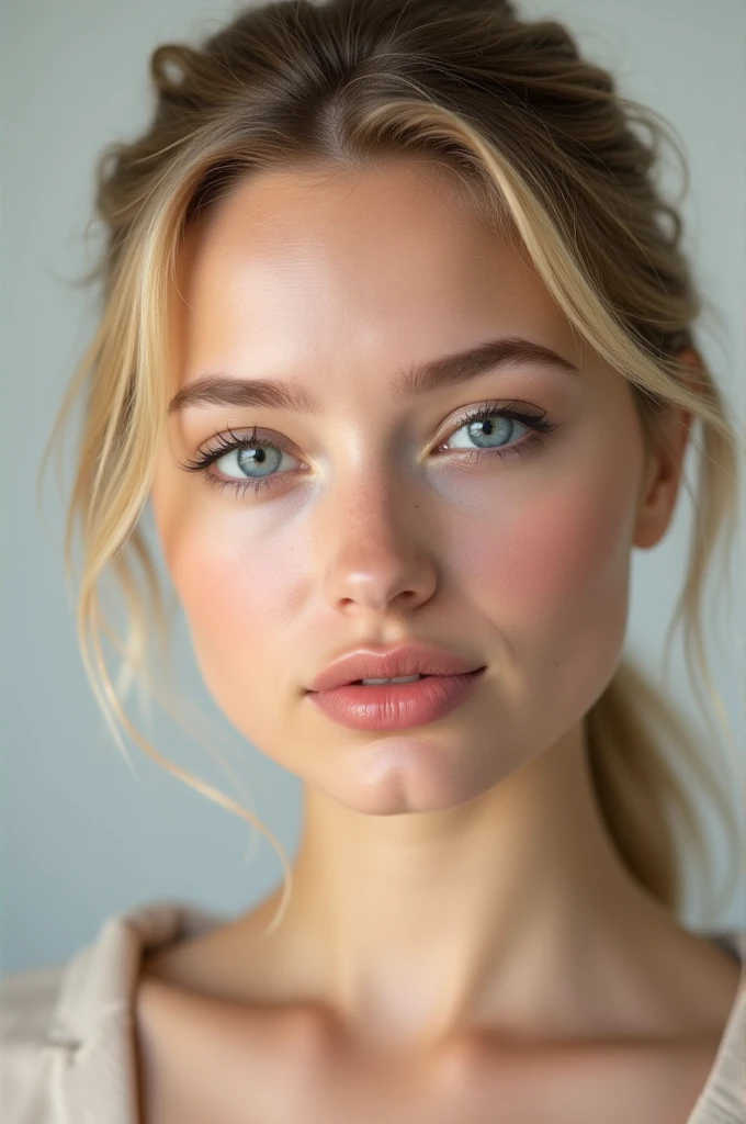 "A young woman’s face with blonde hair tied back. She has a fair complexion with minimal makeup and pink lipstick. Her eyes are adorned with light eyeliner and nude shade eyeshadow. Her facial features are clear and attractive."





