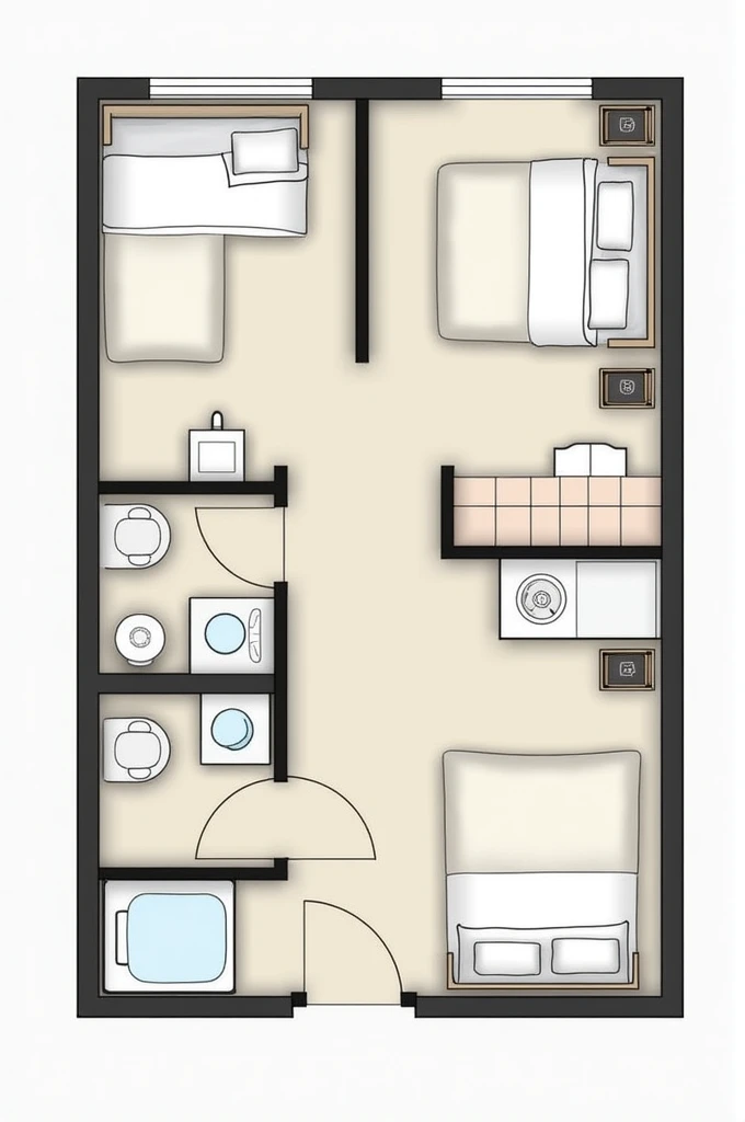 Generates the division of a 7x5 meter house with two bedrooms and the bathroom in the right corner
