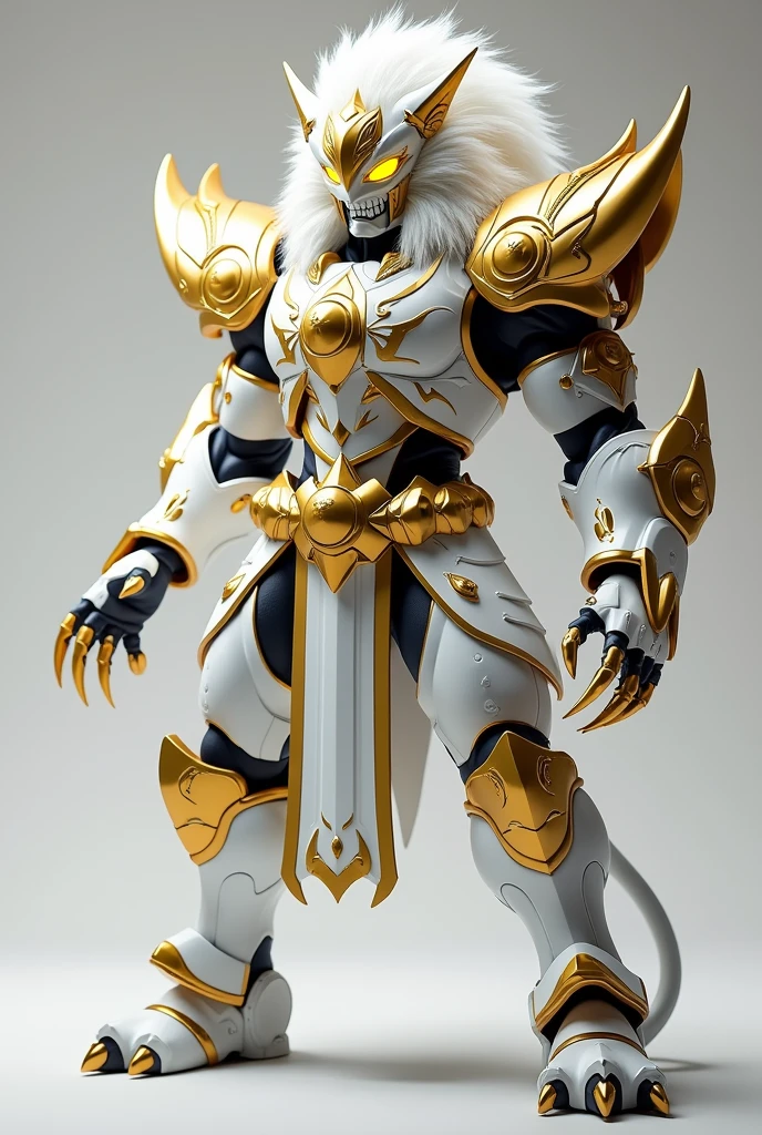 A hero of justice. White with gold decorations. Long, sharp claws, and a lion-like appearance. Kamen Rider. Pose with one hand forward and legs apart.