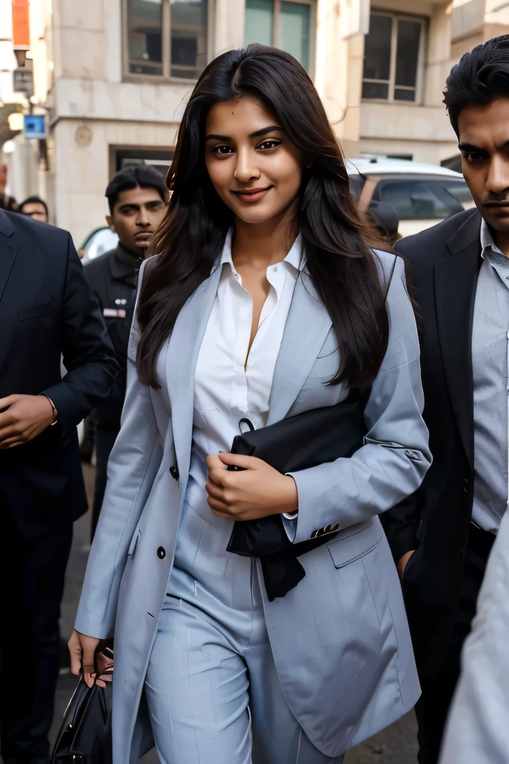 a 21 year old beautiful indian girl with lomg hair smiling face beautiful eyes wearing suit coat pant dress entering into car protected with her securities nearby and personal bodyguards protecting her from crowds full pic taken from long distance 
