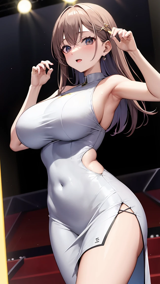 bodycon dress, A 40-year-old woman with huge breasts at the Comiket venue、She is dancing on stage wearing a metallic bodycon dress.。There are people around々are gathering。This is a high resolution image.。