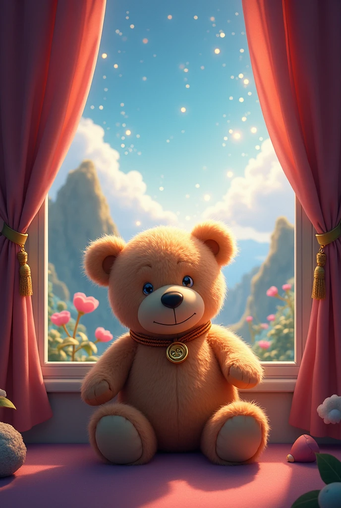 In the corner of the house, there was a medium-sized teddy bear with a gold button that looked like a school uniform button attached to a string around its neck.、A fantastical landscape sparkling with light peeking through the window curtains