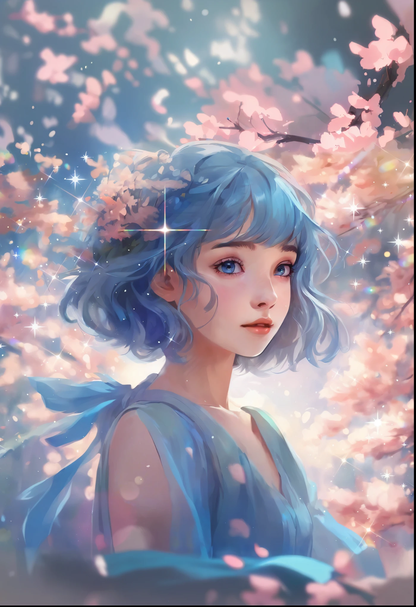 Digital illustration featuring a young woman with short, wavy blue hair adorned with pink cherry blossoms. She has fair skin, large blue eyes, and a gentle expression. The background is a dreamy, pastel-colored scene with sparkling lights and blurred cherry blossom trees, creating a magical and ethereal atmosphere. The woman is wearing a sleeveless blue dress with a ribbon tied at the shoulder, complementing her hair color. The overall style is whimsical and fantasy-like, with soft, painterly brushstrokes and a focus on light and color.