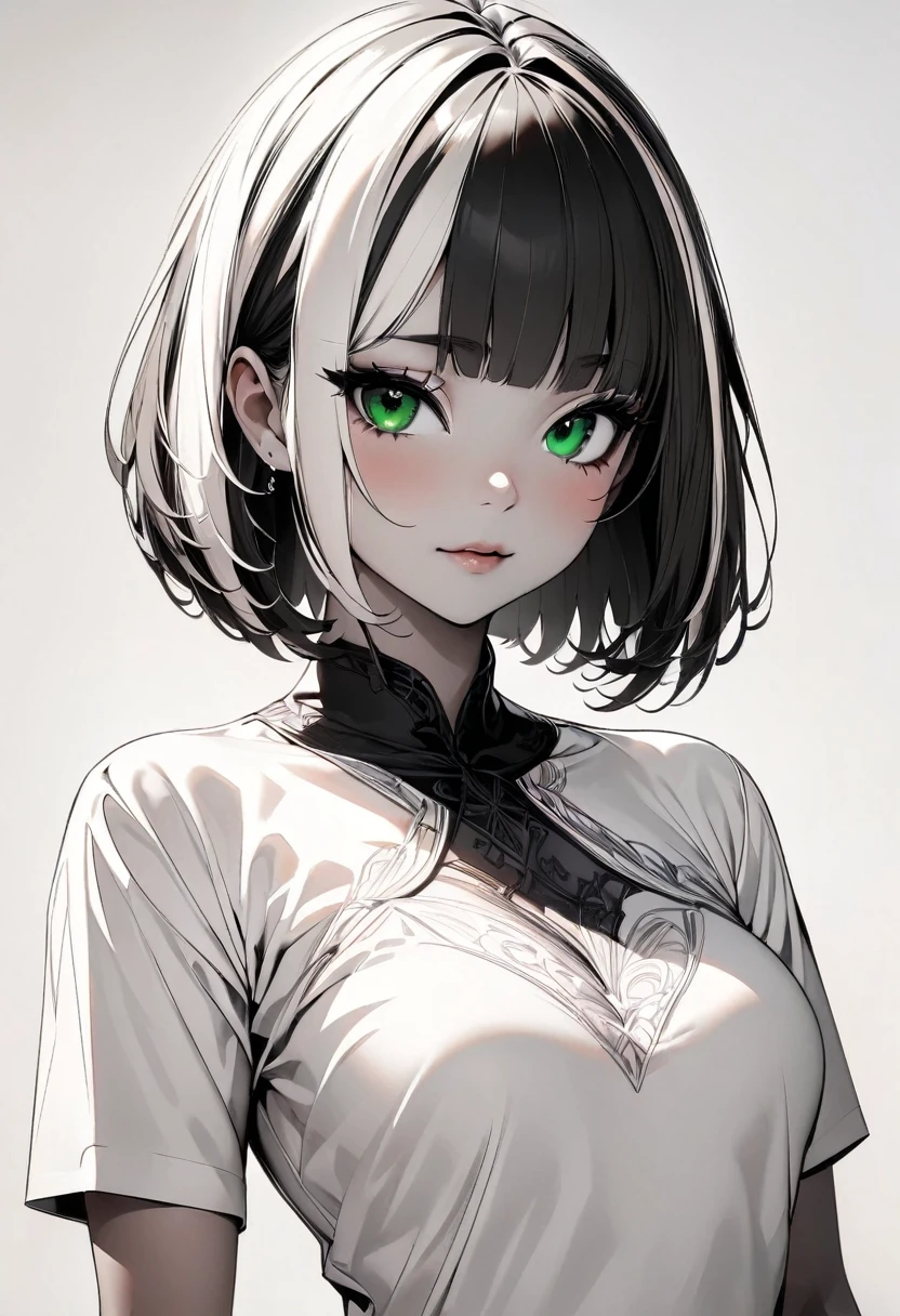 (highest quality:1.2, Very detailed, up to date, Vibrant, Ultra-high resolution, High Contrast, masterpiece:1.2, highest quality, Best aesthetics), Portraiture、girl、solo, (25-years-old:1), slim, heterrochromia, green eye, red eye, Bright colors、Beautiful fine details、Beautiful lip detail、extra short hair, ((bob cut:1.5))、pink and purple, ((streaked hair:1.9)), (highlights hair: 1.6), black Punjabi dress:1, (medium breast:0.7), (tan skin:0.5), standing, (Floral Fineline tattoo design on left arm:1), ((Plain white background:1.6)), lineart, ((monochrome:1.7)), (cowboy shot), clean line drawings,