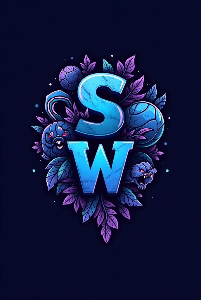 I want a logo with the word SportWit, but it has a blue and purple color combination, Additionally, I want it to have a lot of illustrations alluding to sportswear and sports., that also has black colors that provide royalty and status, rude and with the letter S and W predominating, which is a ruder letter and looks wilder and fiercer with darker and more natural tones and unisex sportswear