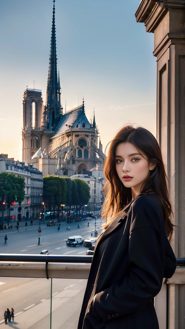 High resolution professional photos of beautiful professional models, Parisian fashion model with Notre Dame in the background, Wear it this season'The hottest fashion trends, High fashion and colorful designs from various designers. That setting: It's luxurious and modern.., With nature, The bright lights make the colors of the costumes and models stand out even more..'Enchanting presence.