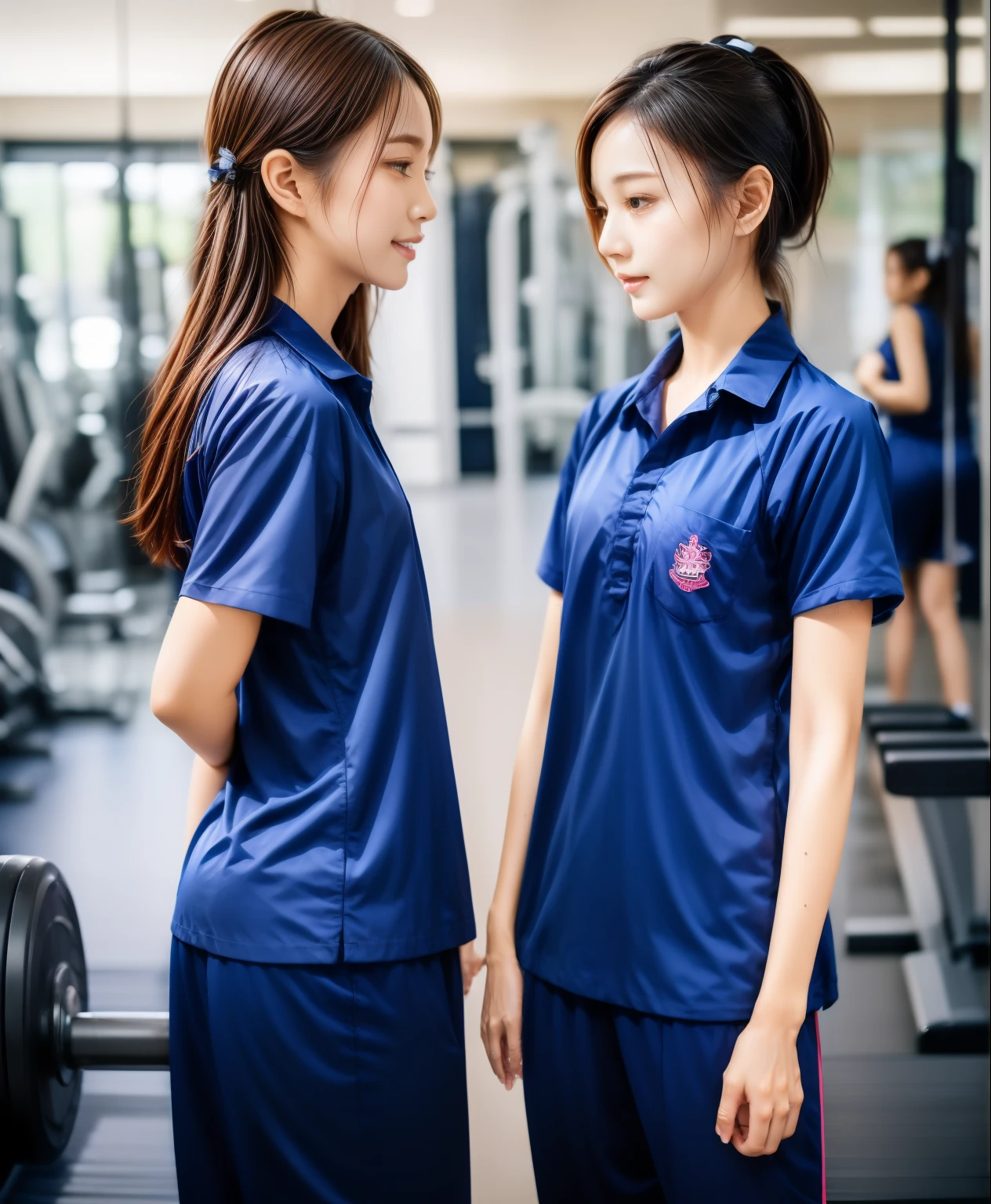 2 girls in the fitness center, Navy blue short-sleeved shirt,Navy Long Trackpant,Sweatpants, Sweatpantsขายาว,25 year old girl, lesbian, sexy, exercise clothes, wet body, exercise clothes, Gym Wear
