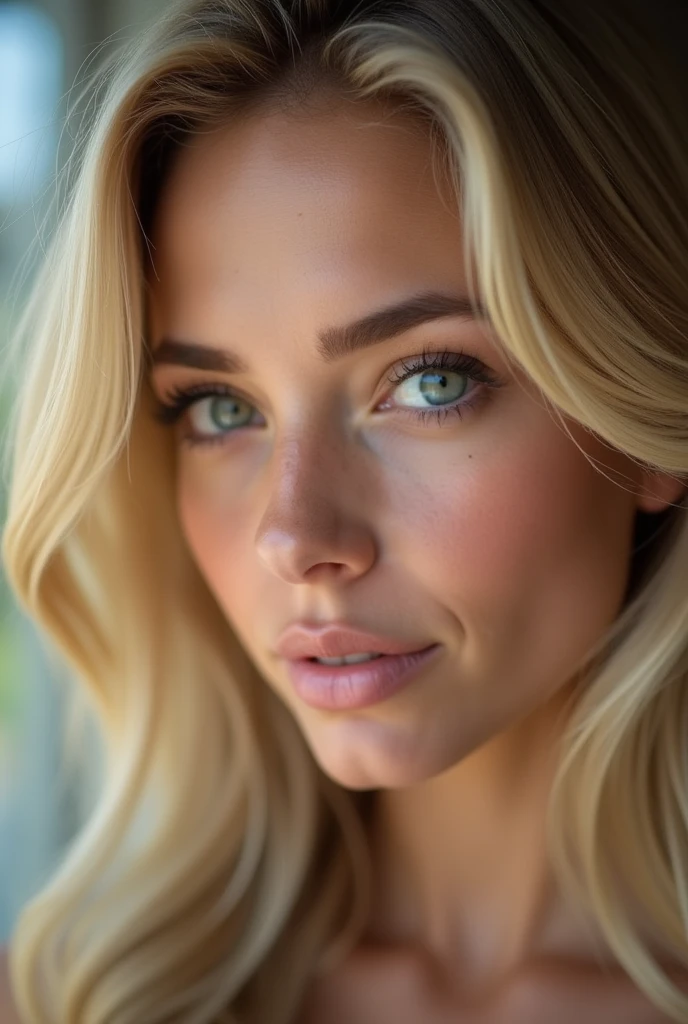 regarde droit dans les yeux femme tinture blonde de face on voi la tete entiere et les epaule pas trop de machire francaise cheuveux ataché