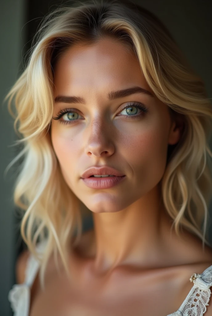 regarde droit dans les yeux femme tinture blonde de face on voi la tete entiere et les epaule pas trop de machire francaise cheuveux ataché