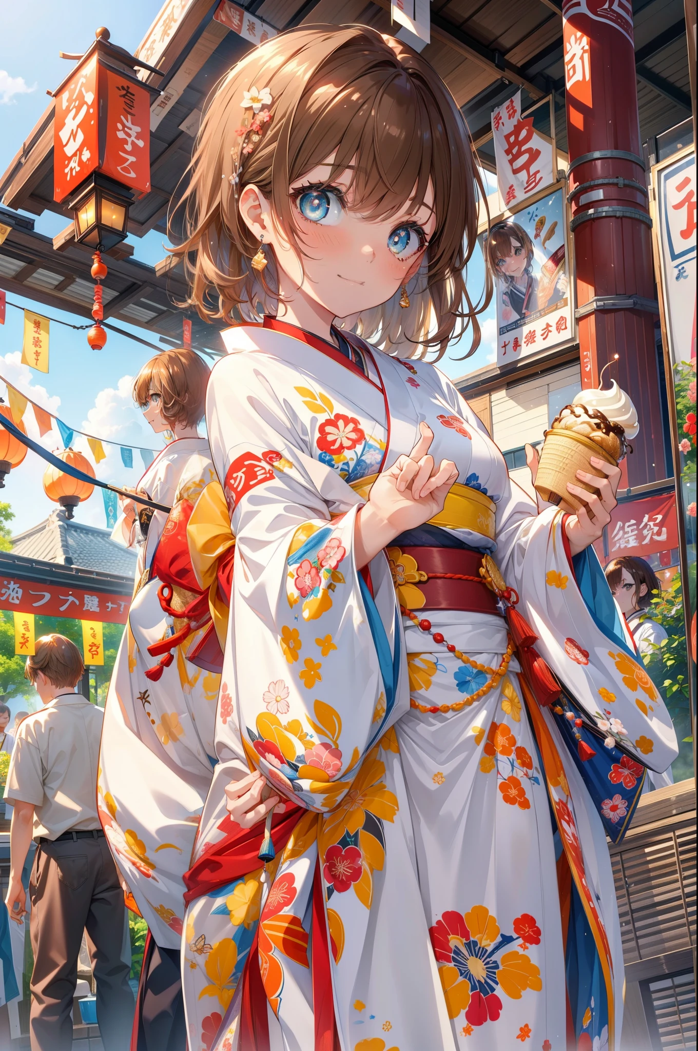 Mycotrose, Brown eyes,Brown Hair,short hair,smile,White Kimono,Holding ice cream in one hand,日本のfestival,夏festivalの屋台,Red lantern,whole bodyがイラストに入るように,night,
break looking at viewer,whole body,                 　　　　　break outdoors, festival,shrine,                                                             break (masterpiece:1.2), Highest quality, High resolution, unity 8k wallpaper, (shape:0.8), (Beautiful and beautiful eyes:1.6), Highly detailed face, Perfect lighting, Extremely detailed CG, (Perfect hands, Perfect Anatomy),