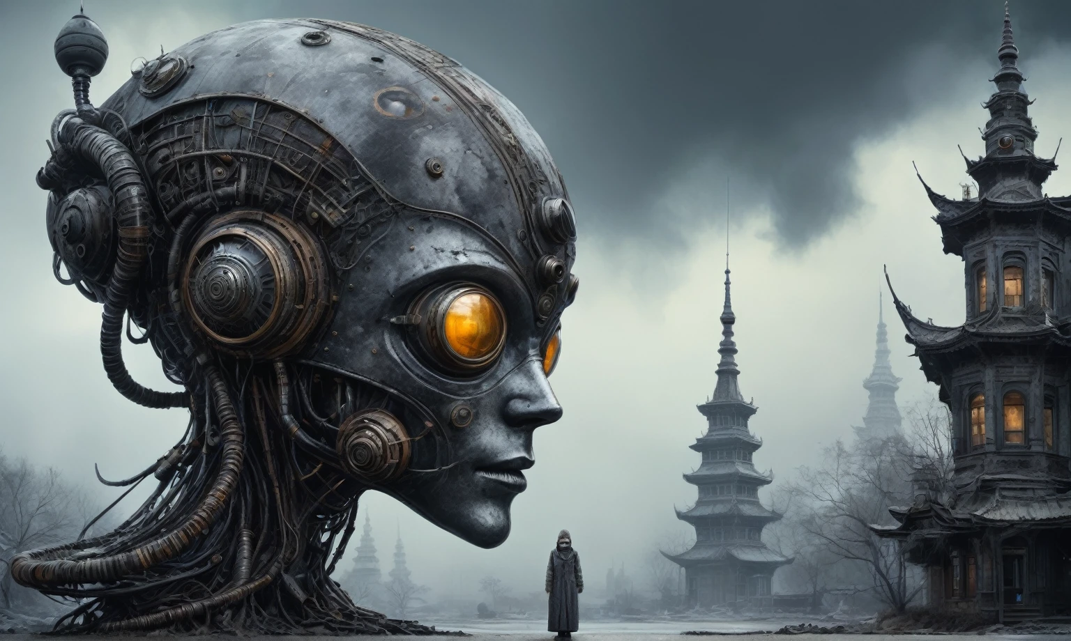 Crazy Robot of USSR , and helmet Style, tongs in hands, pinhead, camouflage Rusty, Ambient in a meteorite ,graphite old witch after a psychiatric clinic,winter,intricate landscape,slate grey atmosphere,film grain,faded,snake's eyes extremely detailed,another world,ring of truth,French Braid with a Twist,view from height,once pretty face,eyebrow up,full body shot,ominous landscape, Simon Stalenhag,Nicola Samori,full body shot,beggar paladium The Alien Entity,Technicolor,natural skin textures, hyper realism, hyper detailed,Extremely detailed,High contrast,Masterpiece,Realistic,Ultra Detailed, intricate details,realistic humid leather,extremly intricate,Epic Realistic, cinematic style,irina yermolova,high contrast,hdr,extremely detailed, deep night landscape,masterpiece,intricate details,faded,eyes extremely detailed, high detailed eyes,8k resolution,RAW,retina, Nikon Z9,China,Guangxi Zhuang of China,tkt style,ears perfect, transition between two art styles, Ink painting to photorealism, Double contact, X-ray, Creative vivid light, masterpiece fantastic, Abstract, Surrealism, super detailed, high resolution, stop:35;(((creature with a spectral and ghostly appearance)). Her skin is pale, almost translucent,ancient rock,In a vibrant and mesmerizing artwork, a hot air soars through the layers of clouds, revealing a colossal and enigmatic cityscape nestled within. The buildings in this ethereal city are adorned with intricate details and exude an aura of mystery. Above the cityscape, lend an enchanting touch to the scene. steampunk. The intricate mechanics create a sense of wonder and fascination, as if stepping into a dreamlike realism