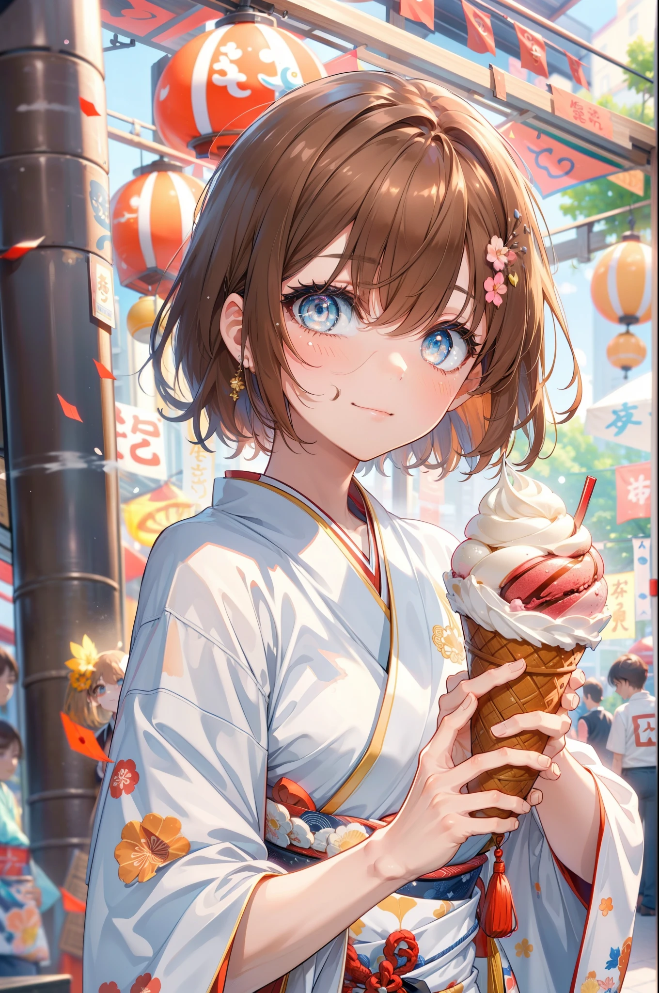 Mycotrose, Brown eyes,Brown Hair,short hair,smile,White Kimono,Holding ice cream in one hand,日本のfestival,夏festivalの屋台,Red lantern,whole bodyがイラストに入るように,night,
break looking at viewer,whole body, break outdoors, festival,shrine, break (masterpiece:1.2), Highest quality, High resolution, unity 8k wallpaper, (shape:0.8), (Beautiful and beautiful eyes:1.6), Highly detailed face, Perfect lighting, Extremely detailed CG, (Perfect hands, Perfect Anatomy),