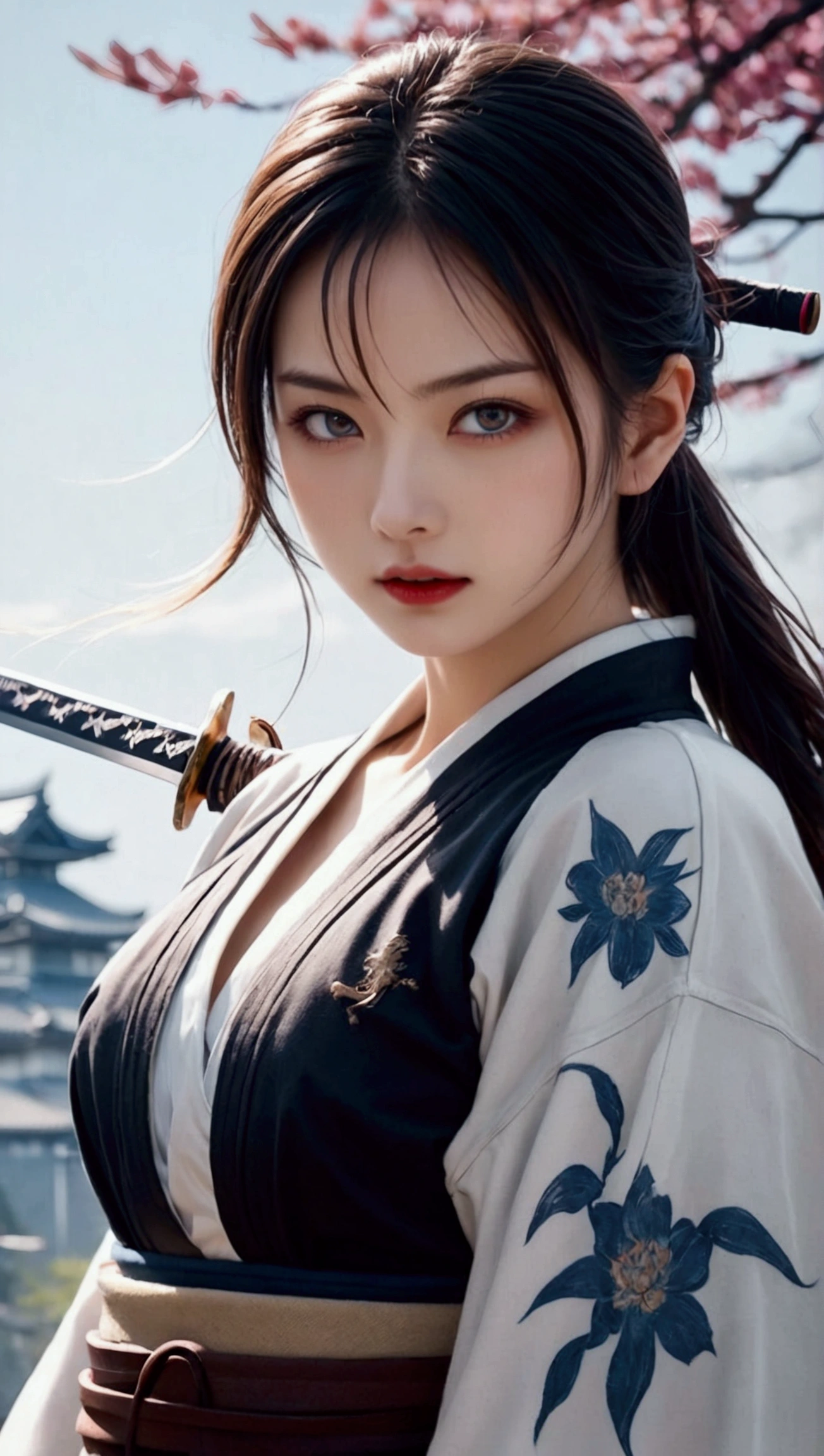 (Japanese sword &reference;Muramasa 2&reference;.2)Beautiful 27 year old woman、Japanese women、Tie your hair back、Hair ornament artist、Shinobi Costume、Warrior、Clear Eyes、{Arm tattoo(SakuraFubuki}'Back Tattoo、Warrior、(Japanese swordを両手で構える、1.3)(Japanese sword1.2)Intermediate position、In front of the body、(Hold the sword horizontally 1.3)、whole body、Long Blade Sword、Realistic battle scenes、敵Warriorの返りBlood、Blood、High resolution、Highest quality、Very detailed、8k、background、The castle is burning、Sparks fly、