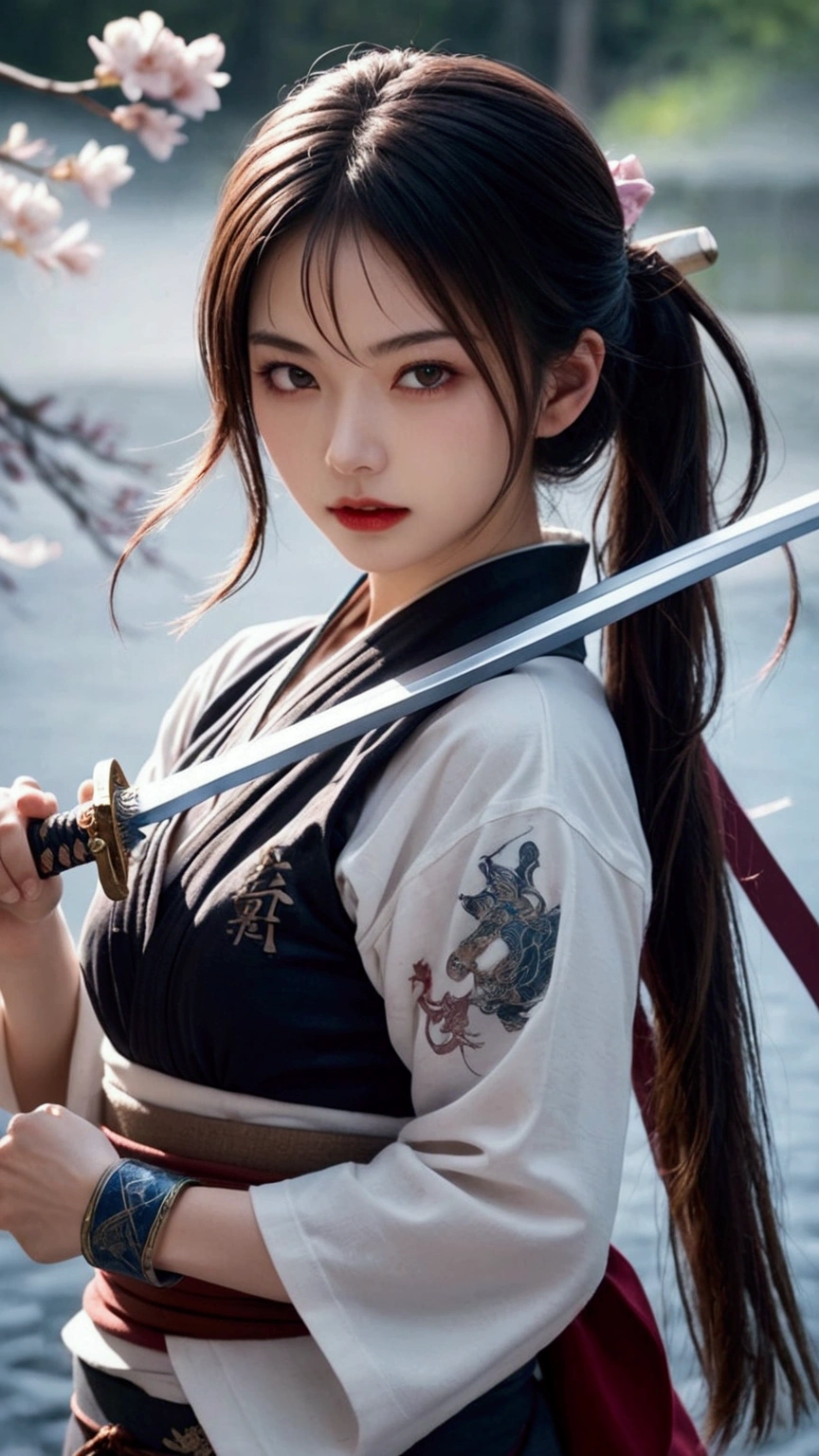 (Japanese sword &reference;Muramasa 2&reference;.2)Beautiful 27 year old woman、Japanese women、Tie your hair back、Hair ornament artist、Shinobi Costume、Warrior、Clear Eyes、{Arm tattoo(SakuraFubuki}&#39;Back Tattoo、Warrior、(Japanese swordを両手で構える、1.3)(Japanese sword1.2)Intermediate position、In front of the body、(Hold the sword horizontally 1.3)、whole body、Long Blade Sword、Realistic battle scenes、敵Warriorの返りBlood、Blood、High resolution、Highest quality、Very detailed、8k、background、The castle is burning、Sparks fly、
