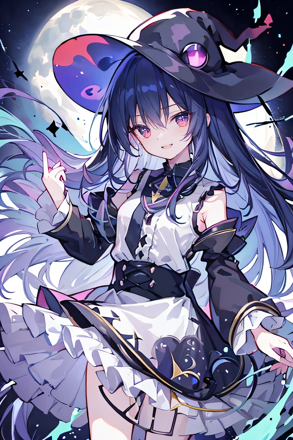 oung Girls,Humanity,A magician always smiles,big witch hat,cute,dark blue long hair,The eyes are dull,The bangs are heavy,Thin eyebrows,fantasy,intake,Double teeth,Star Theme,Constellation pattern,Solid color clothetal decoration,cloak,A bit of a dark atmosphere,A little crazy smile,When the big moon shines outside at night,blood,Hair black star embellishment,Short tie,No nails,High waist skirt,Bell sleeves,Long-sleeved shirt,Black tie,low risk,gentlemen。Mist、Yellow and white effect，Shocking pink as an accent color