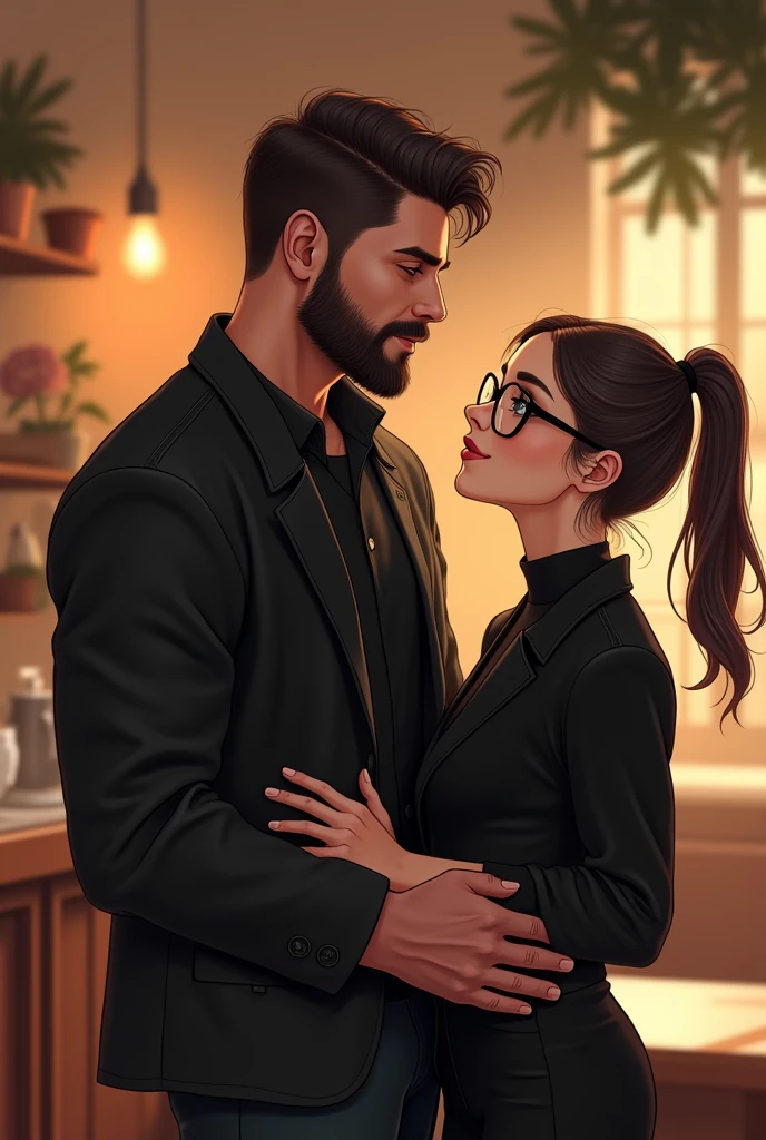 Image of a cute couple in which boy is 6ft taller and masculine and girl is cute and 5.5ft tall wearing specteles and both wearing black standing close to each other with boy hand on girl waist and boy have little beard and background of a cafe with girl making ponytail 