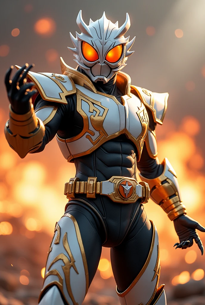 A hero of justice, with a white base and gold decorations, long and sharp claws, and a lion-like appearance, Kamen Rider, one hand thrust forward, explosion in the background