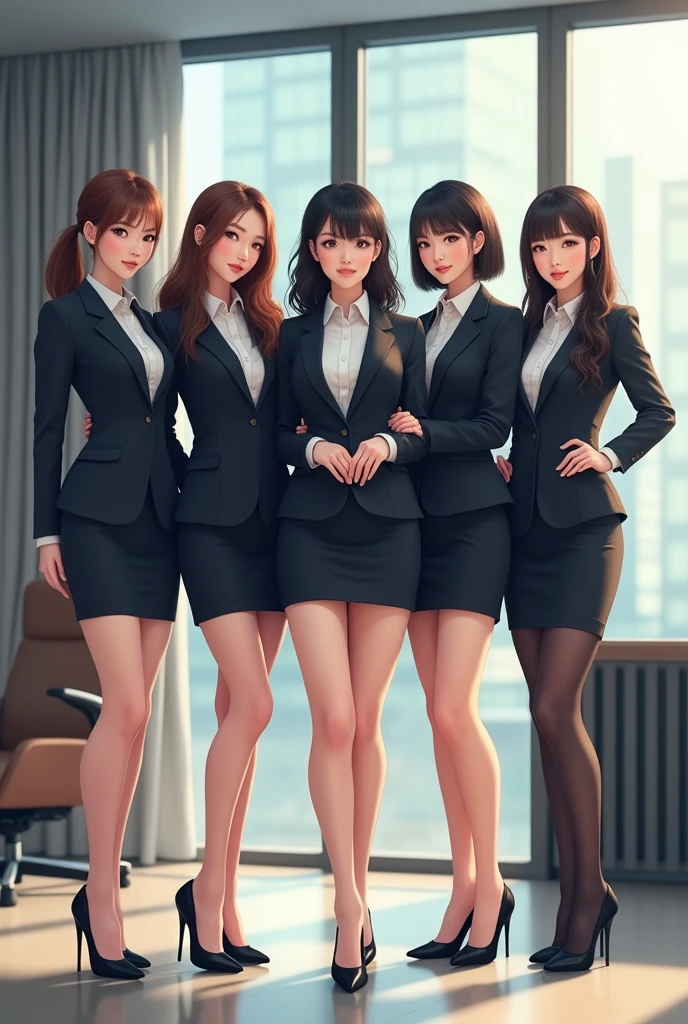 Five beautiful-legged secretaries, two of whom are wearing black tights, one Japanese and one Korean, all wearing recruitment suits with short tight skirts