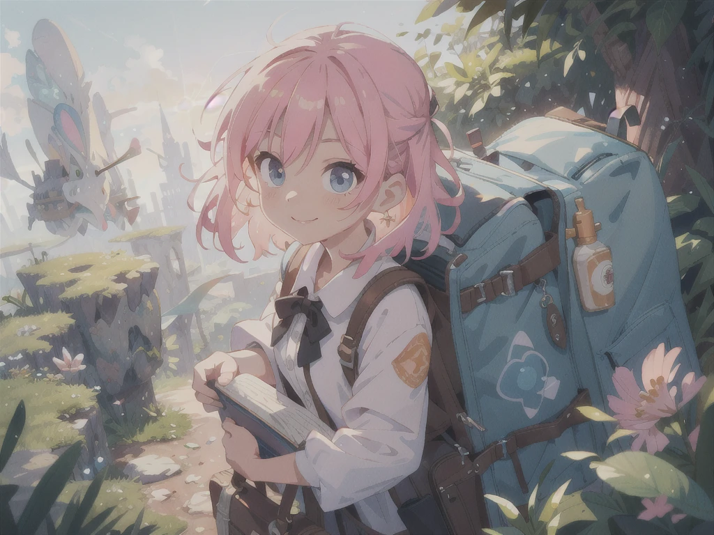 Stable Diffusion prompt: anime female girl traveler,illustration or 3D rendering,adventurous spirit,cute detailed eyes and face,vibrant colors,soft lighting,best quality,HD,content smile,journey,suitcase,pink hair,bow,exploring,beautiful detailed lips,stylish clothes,wandering in a scenic landscape,dark background, fantasy elements,,expressive pose,close up picture of the face, focus on face, sunset palette,peaceful atmosphere,natural beauty,mystical charm,sparkling eyes,travel diary,open road,positive energy,curious gaze,lively personality,excitement,inspiring textures,sunlit path,magical moments,blissful enjoyment,dreamlike aura. (Please do not include the "Stable Diffusion prompt:" part when using the prompt)
