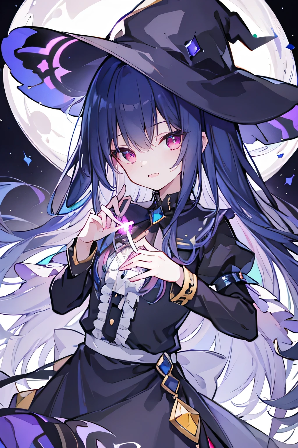 oung Girls,Humanity,A magician always smiles,big witch hat,cute,dark blue long hair,The eyes are dull,The bangs are heavy,Thin eyebrows,fantasy,intake,Double teeth,Star Theme,Constellation pattern,Solid color clothetal decoration,cloak,A bit of a dark atmosphere,A little crazy smile,When the big moon shines outside at night,blood,Hair black star embellishment,Short tie,No nails,High waist skirt,Bell sleeves,Long-sleeved shirt,Black tie,low risk,gentlemen。Mist、Yellow and white effect，Shocking pink as an accent color