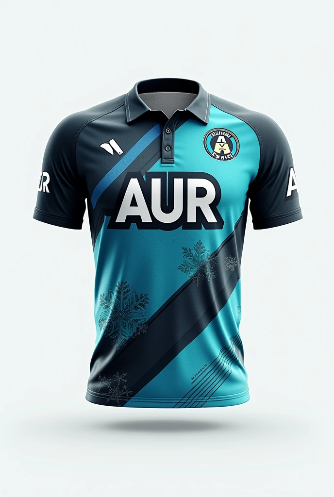Design a collared, 3-button neckline. The center front should feature the word 'AUR'. On the back, center the player's name above their role. The theme color is blue, teal, gray, little bit of black, and white. The design should incorporate a Little bit of "slash geometric shapes like spirals", "wind slashes", and "a lot of snowflakes pattern at the front".