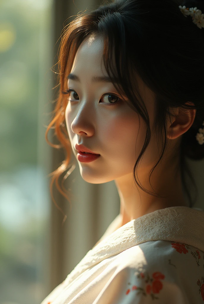 An elegantly dressed Japanese woman in natural light、A close-up of her chest and calm expression.、It shows her inner peace and outer charm.。