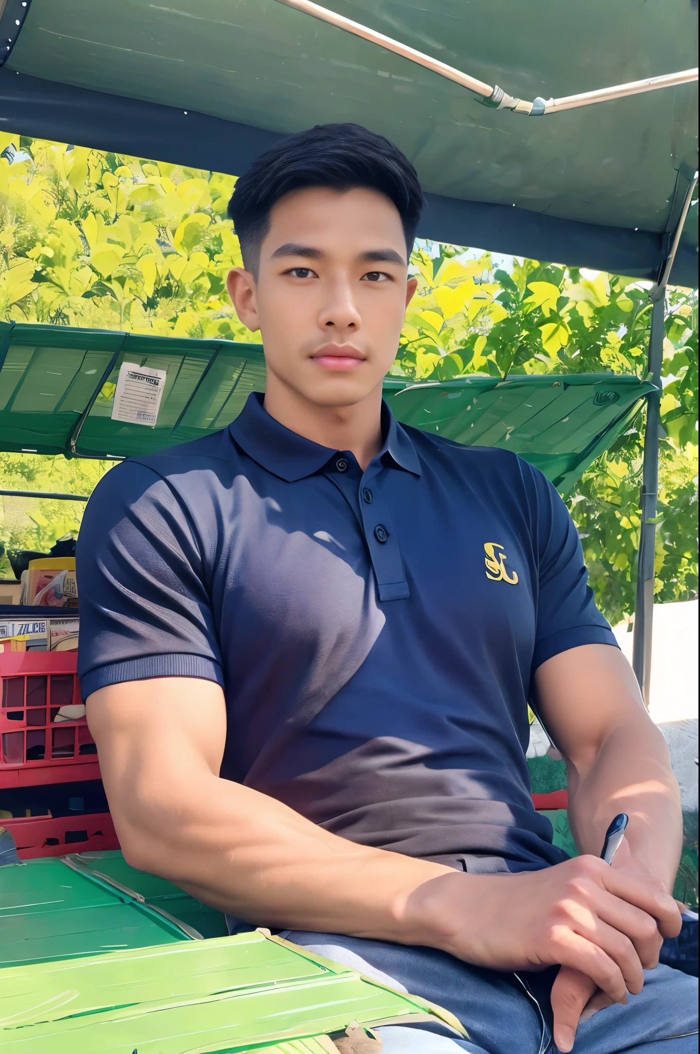 Handsome young man, (have a mustache:1) ,(buzz cut:1.1), (short hair:1.2), The forearms are muscular., (polo shirt:1.5), (Navy blue shirt:1.5), Jeans, Big muscles, Handsome and muscular, full body angle, (outdoor market:1.3), natural light