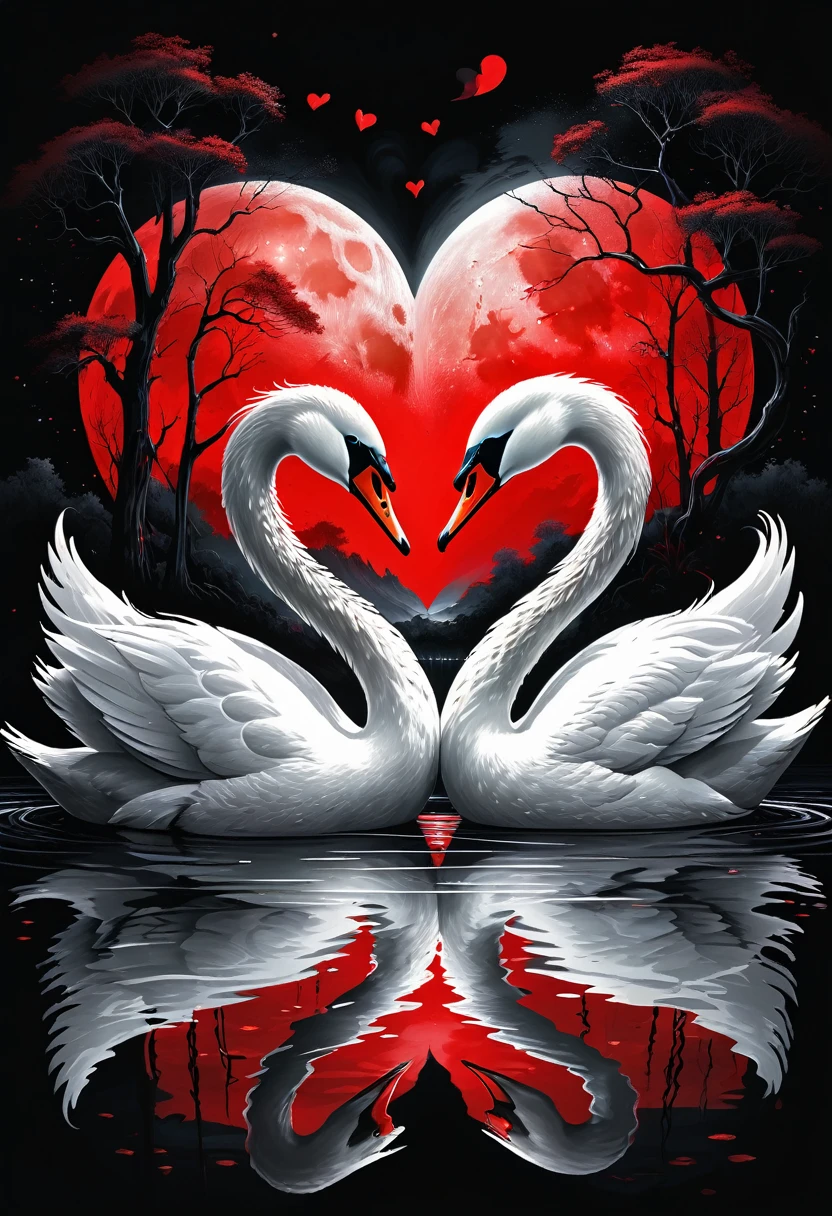 Midjourney, MJ, Midjourney style, poster, manga, anime, A captivating cinematic illustration of two swans entwined as a heart shape in the still waters of a serene lake. The swans are artfully painted in a striking black and sleek red design, with most of the image covered in black paint. The vibrant red accents draw the eye, creating a bold and eye-catching contrast against the deep, enigmatic black background. The full red moon casts its ethereal glow on the scene, adding to the mystique. The overall effect is a striking conceptual art piece that explores the themes of love, passion, and the unknown., vibrant, illustration, typography, cinematic, conceptual art