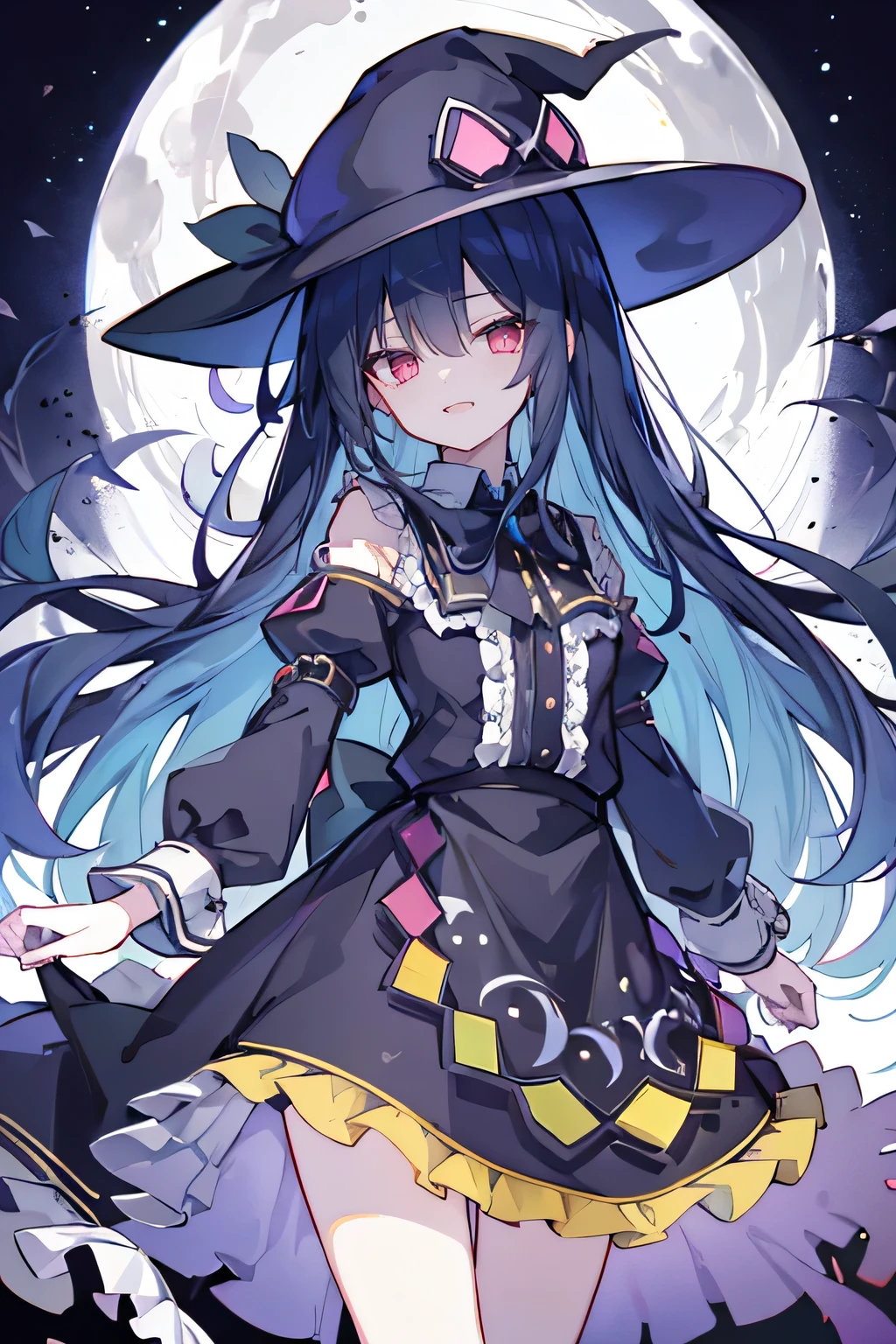 oung Girls,Humanity,A magician always smiles,big witch hat,cute,dark blue long hair,The eyes are dull,The bangs are heavy,Thin eyebrows,fantasy,intake,Double teeth,Star Theme,Constellation pattern,Solid color clothetal decoration,cloak,A bit of a dark atmosphere,A little crazy smile,When the big moon shines outside at night,blood,Hair black star embellishment,Short tie,No nails,High waist skirt,Bell sleeves,Long-sleeved shirt,Black tie,low risk,gentlemen。Mist、Yellow and white effect，Shocking pink as an accent color