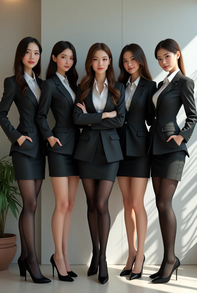 Five beautiful-legged secretaries, two of whom wear black tights, one Japanese and one Korean, all in recruitment suits, short tight skirts, real
