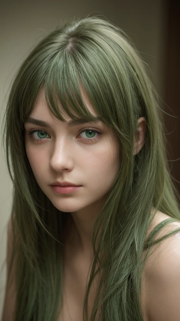 facial portrait. a girl. Europe. Extremely detailed face. Oval face. delicate facial features. sexy face. green eyes. half-closed eyes. long straight hairstyle. messy hair. green hair. sad expression