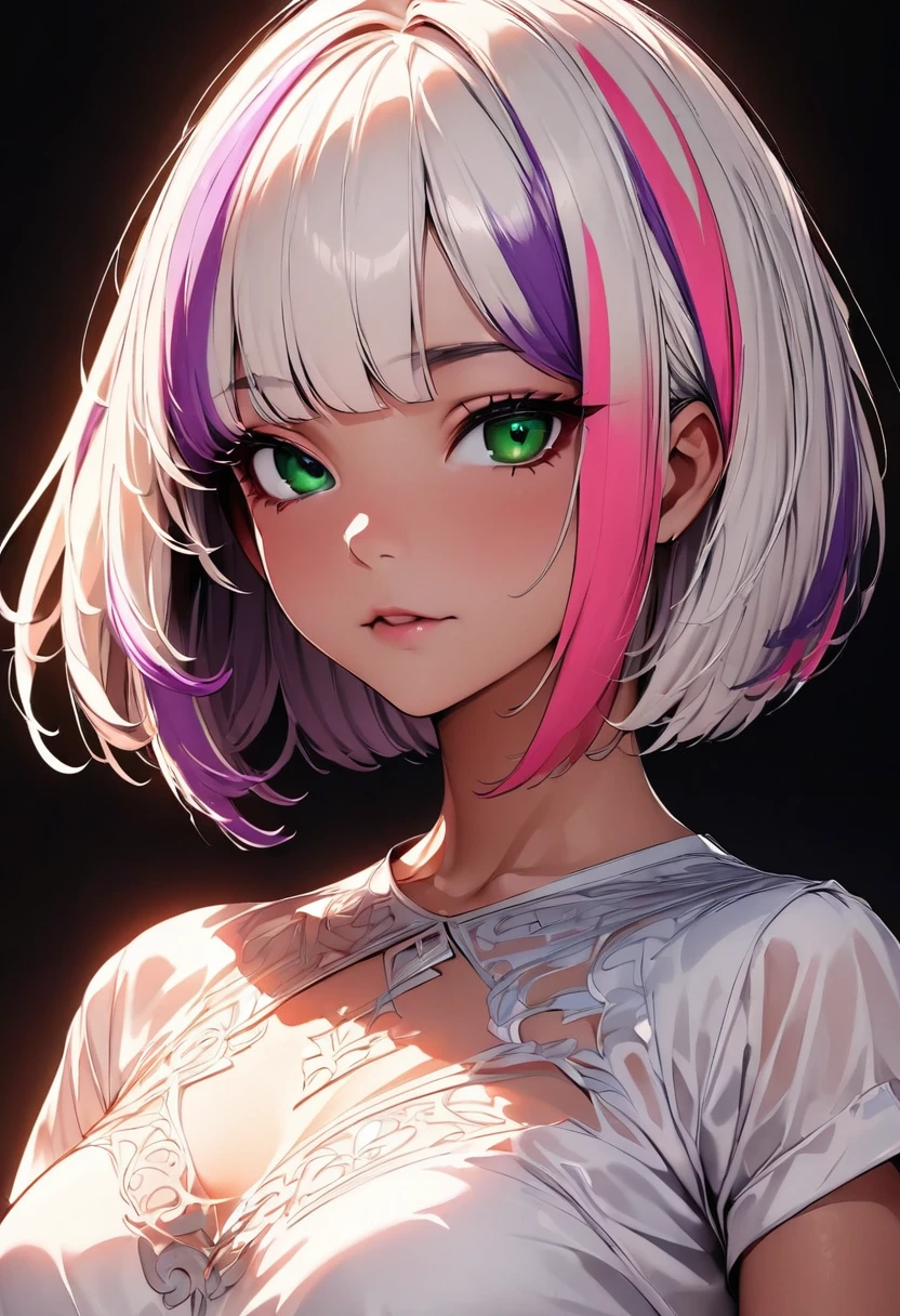 (highest quality:1.2, Very detailed, up to date, Vibrant, Ultra-high resolution, High Contrast, masterpiece:1.2, highest quality, Best aesthetics), Portraiture、girl、solo, (25-years-old:1), slim, heterrochromia, green eye, red eye, Bright colors、Beautiful fine details、Beautiful lip detail、extra short hair, ((bob cut:1.5))、pink and purple, ((streaked hair:1.9)), (highlights hair: 1.6), black Punjabi dress:1, (medium breast:0.7), (tan skin:0.5), standing, (Floral Fineline tattoo design on left arm:1), ((Plain white background:1.6)), lineart, ((two toned:1.7)), (cowboy shot), clean line drawings,