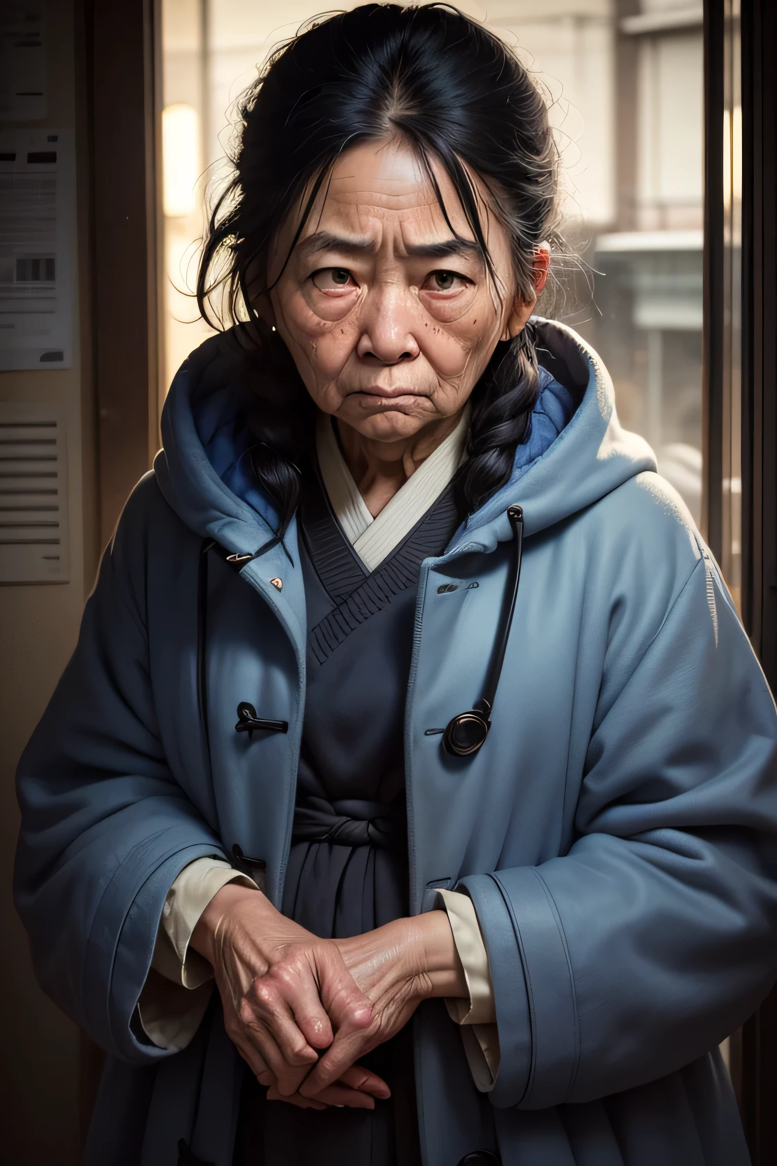(Steve McQuarrie Style), Japanese old lady, Wrinkled, Sad and homeless ((Wearing a blue wool coat)), (melancholy), 1 Female, alone, Straight black hair and hairstyle, Highly detailed face, Beautiful Eyes, [Chubby], Adorable, With bright eyes, Lonely Eyes, bitter, (Rembrandt Lighting), Zeiss Lenses, Ultra-realistic, (Highly detailed skin: 1.2), 8K Ultra HD, Digital SLR, Dramatic kidney light,  high quality, Fujifilm XT3,
