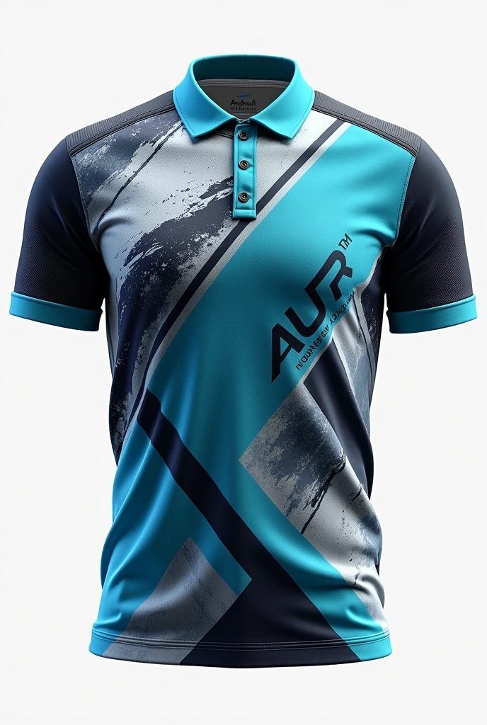 Design a collared, 3-button neckline. The center front should feature the word 'AUR'. On the back, center the player's name above their role. The theme color is blue, teal, gray, little bit of black, and white. The design should incorporate a Little bit of "slash geometric shapes like spirals", "wind slashes", and "a lot of snowflakes pattern at the front".