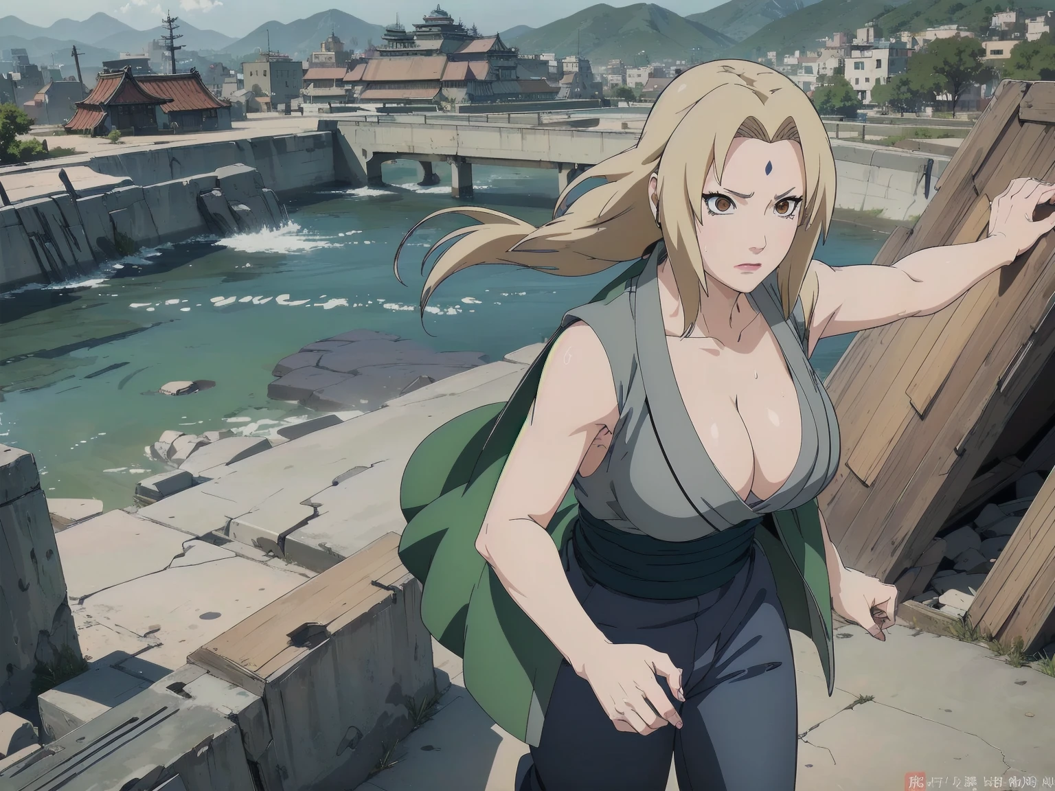 (masterpiece, Highest quality:1.2), alone, One Girl, Tsunade Defense, Forehead mark, View your audience、((Battle Scenes、Fighting Pose、Sweat、Rocky area、wood、sunny、Abandoned city、audience、Navy Blue Pants、Green haori、No sleeve、Torn clothes、Large areola、chest))、Beautiful girl with beautiful details, Professional photography lighting, Highly detailed eyes and face, Beautiful eyes in every detail、Beautiful detailed hair, Beautiful and exquisite cold face、anime、((No sleeve、Underarm))